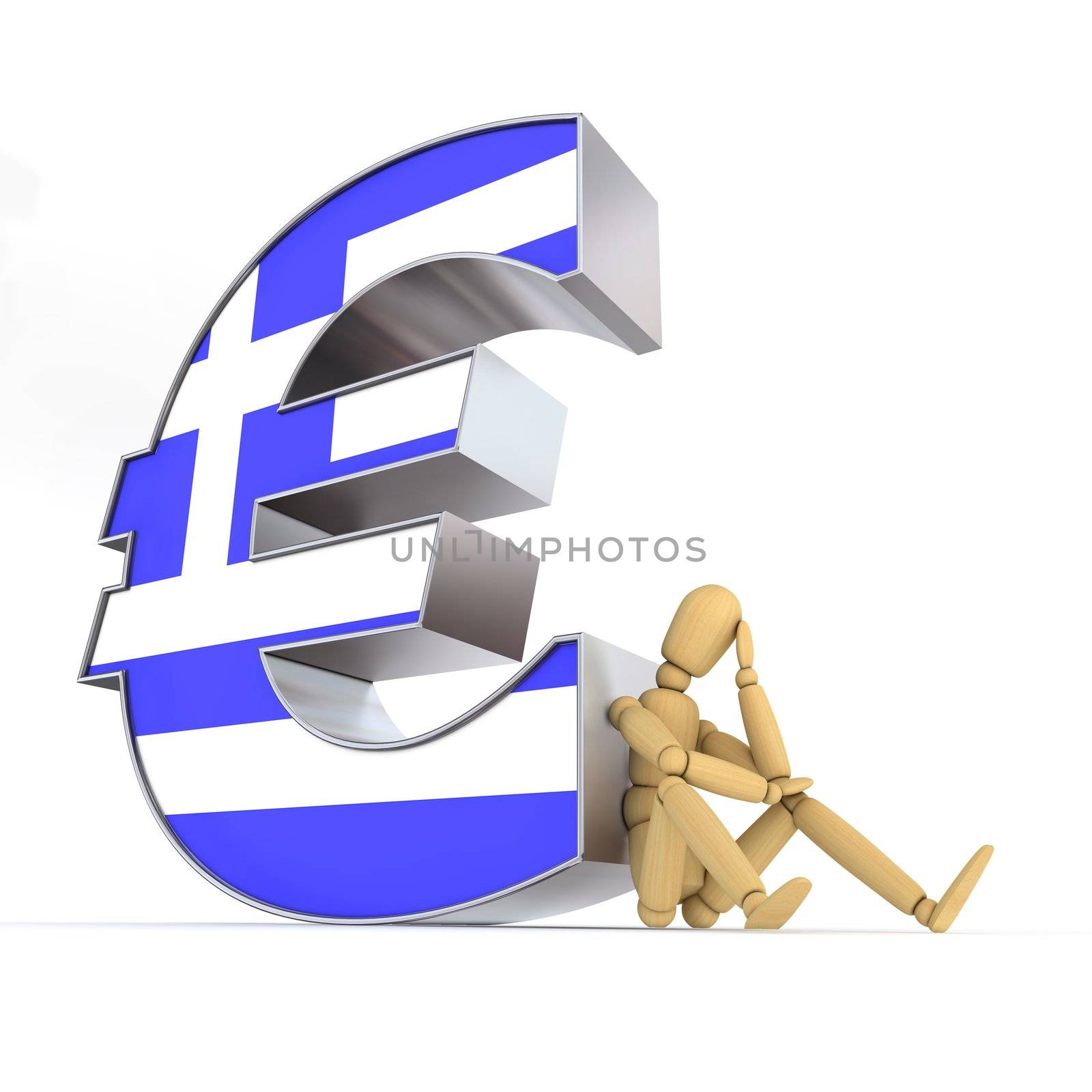 doll/lay figure sitting at/next to a metal Euro sign wondering - euro surface is textured with the greek flag