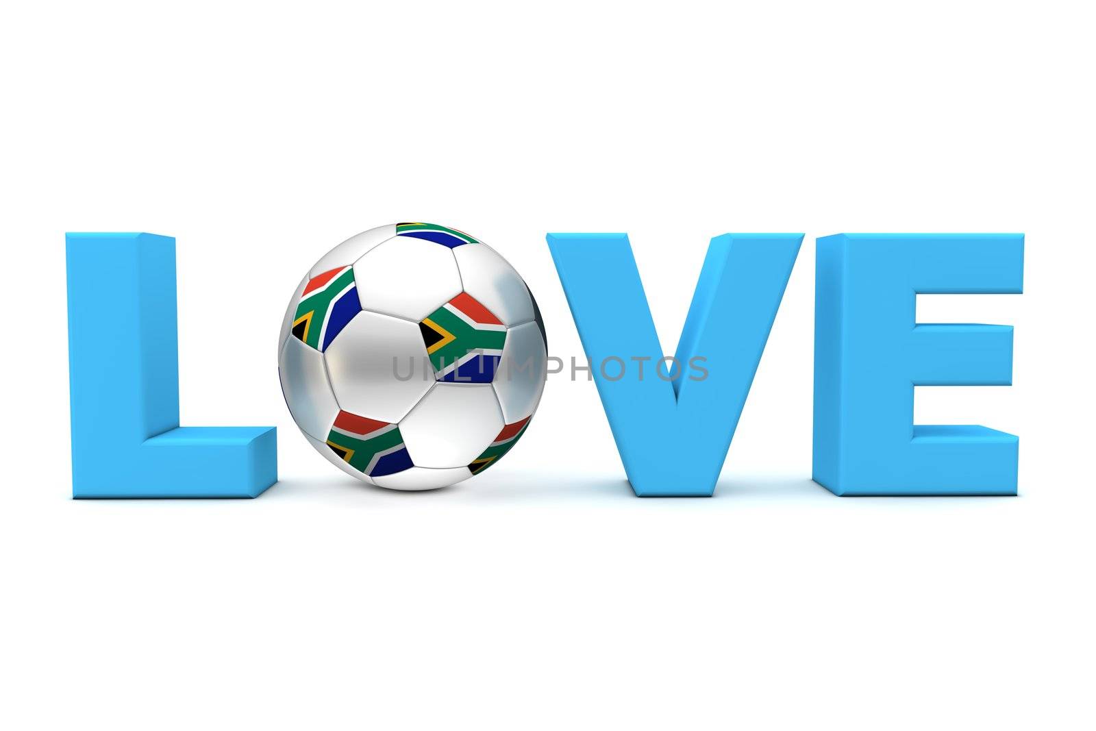 blue word Love with a football/soccer ball replacing letter O - south african flag on the ball