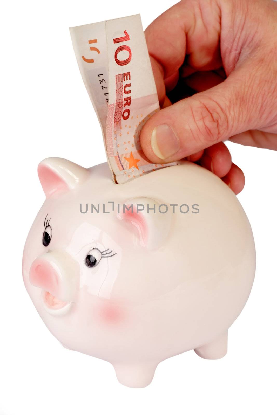 Piggybank with ten euro bank note isolated on white background