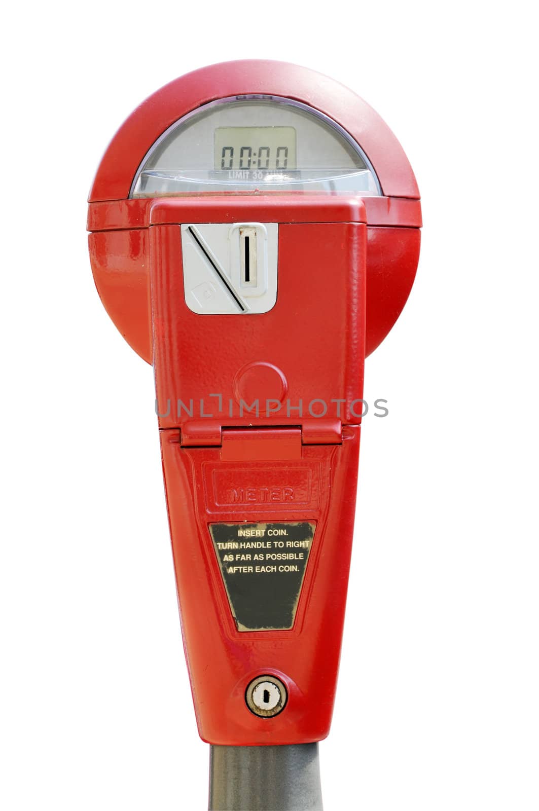 Red parking meter isolated on white background with clipping path.