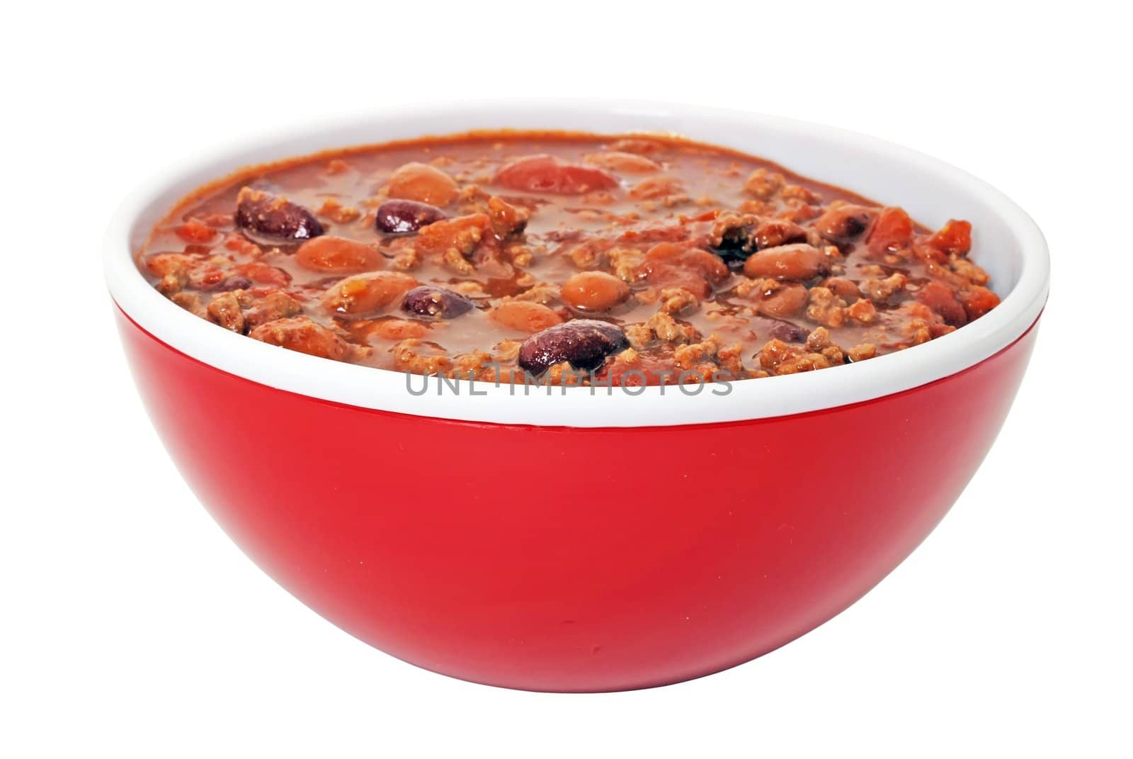 Bowl of chili isolated on white background.