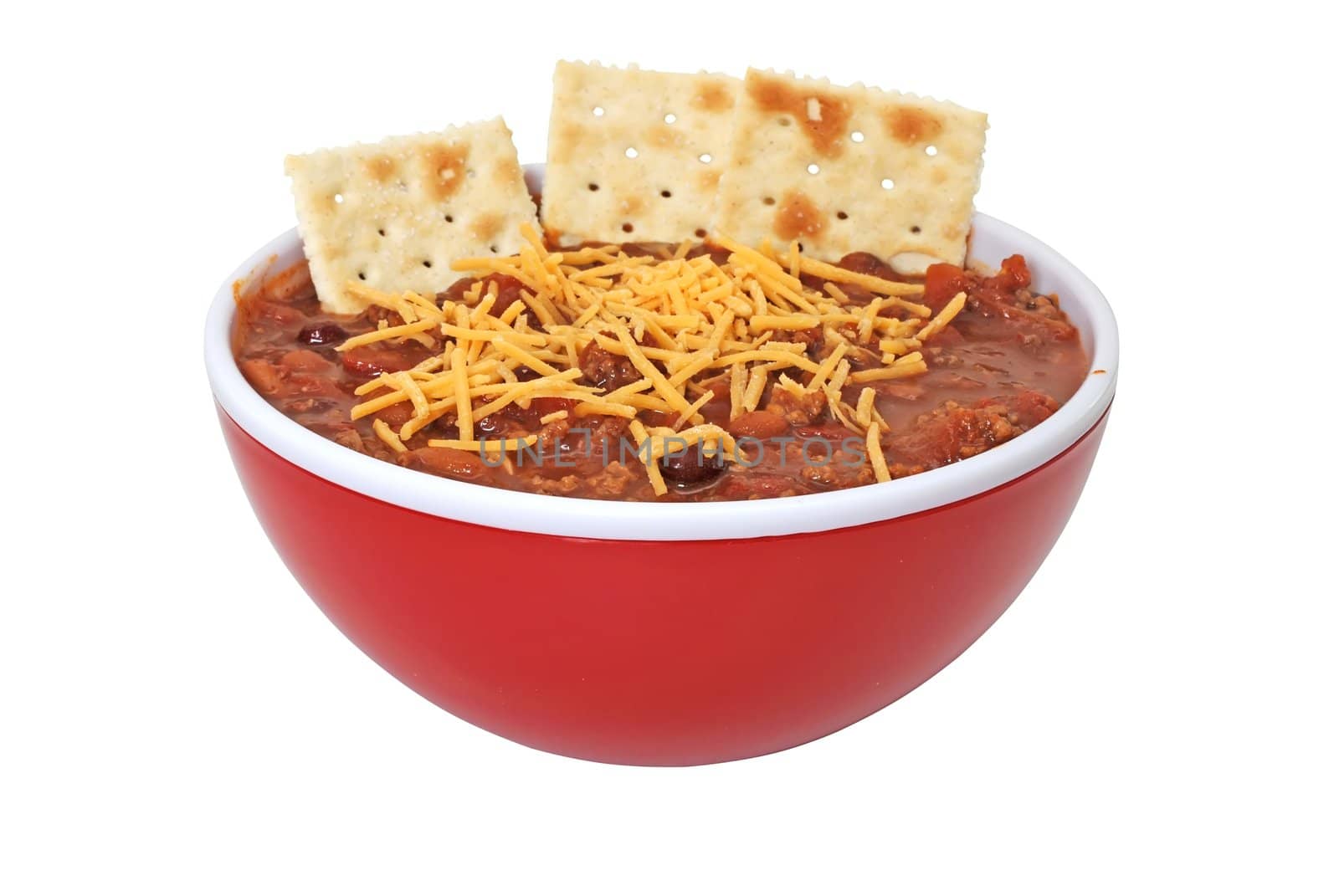 Bowl of Chili with Cheese and Crackers Isolated by dehooks