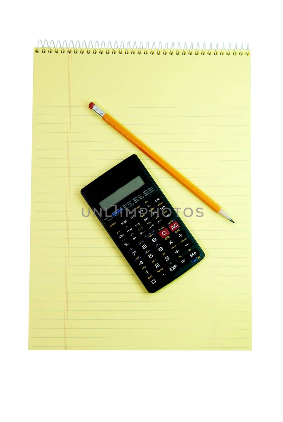 Spiral notebook, calculator, and pencil isolated on white background with clipping path.
