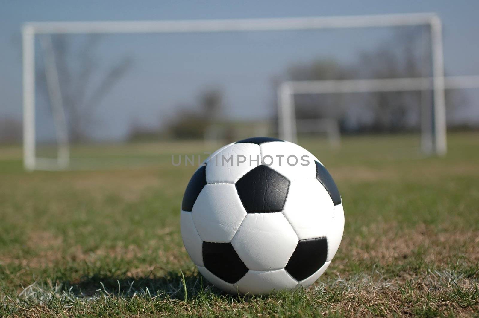 Soccer ball on field with goal in background.