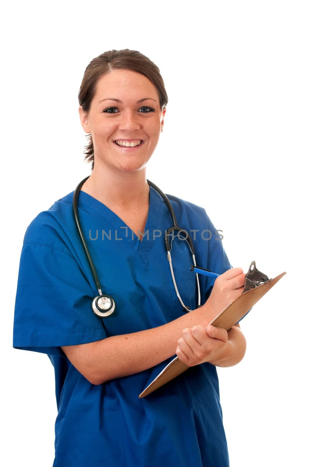 Female Nurse with Stethoscope and Clipboard Isolated by dehooks