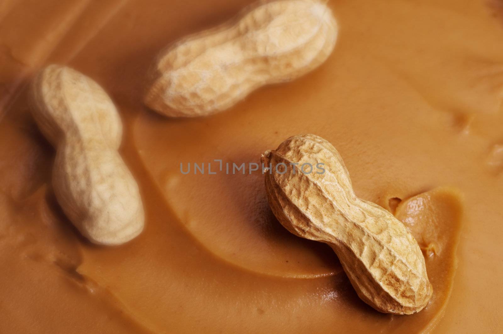 Raw peanut in swirl of creamy peanut butter.  Selective focus on peanut in foreground. 