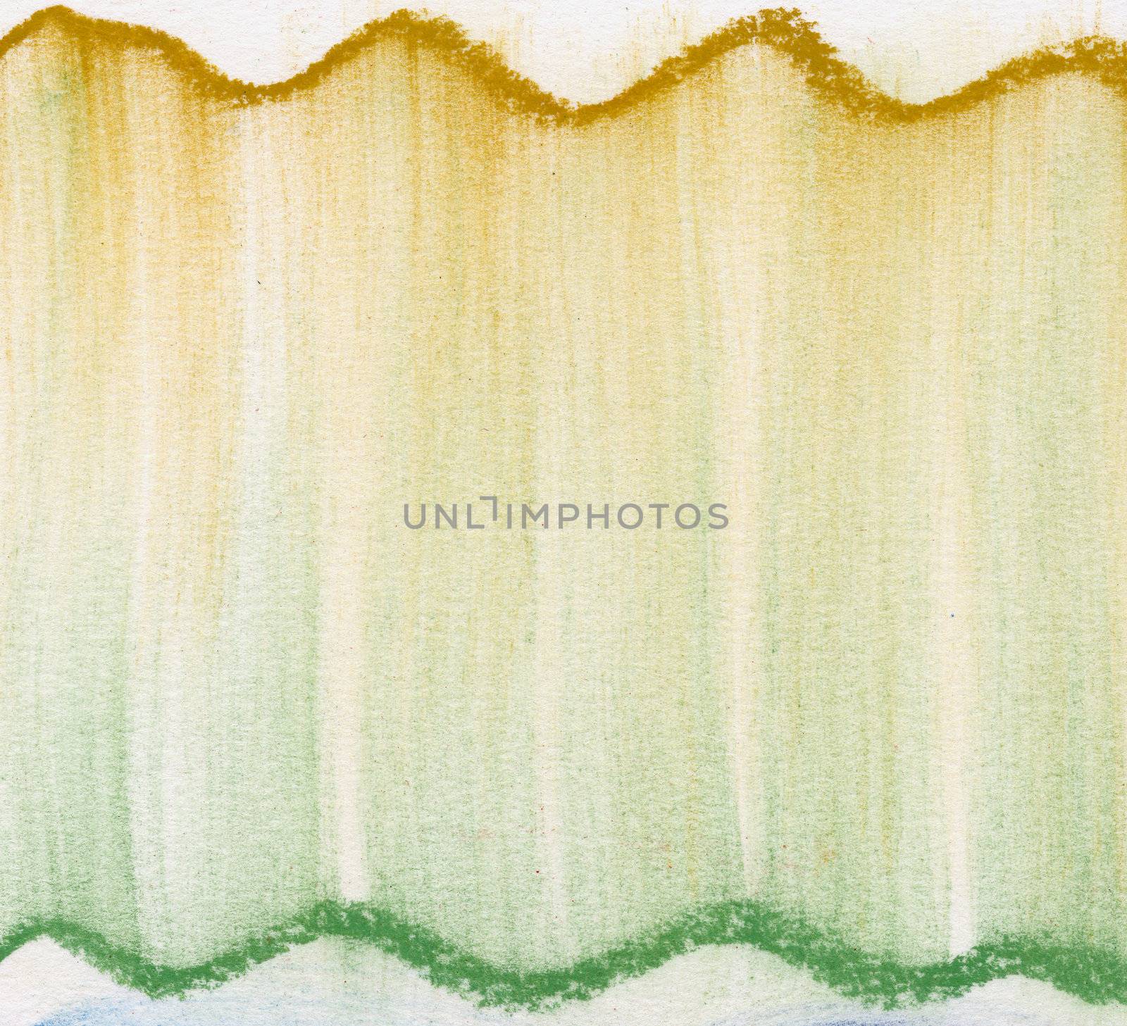 green and gold abstract background - wavy lines and vertical smudges of soft pastel crayons on white paper