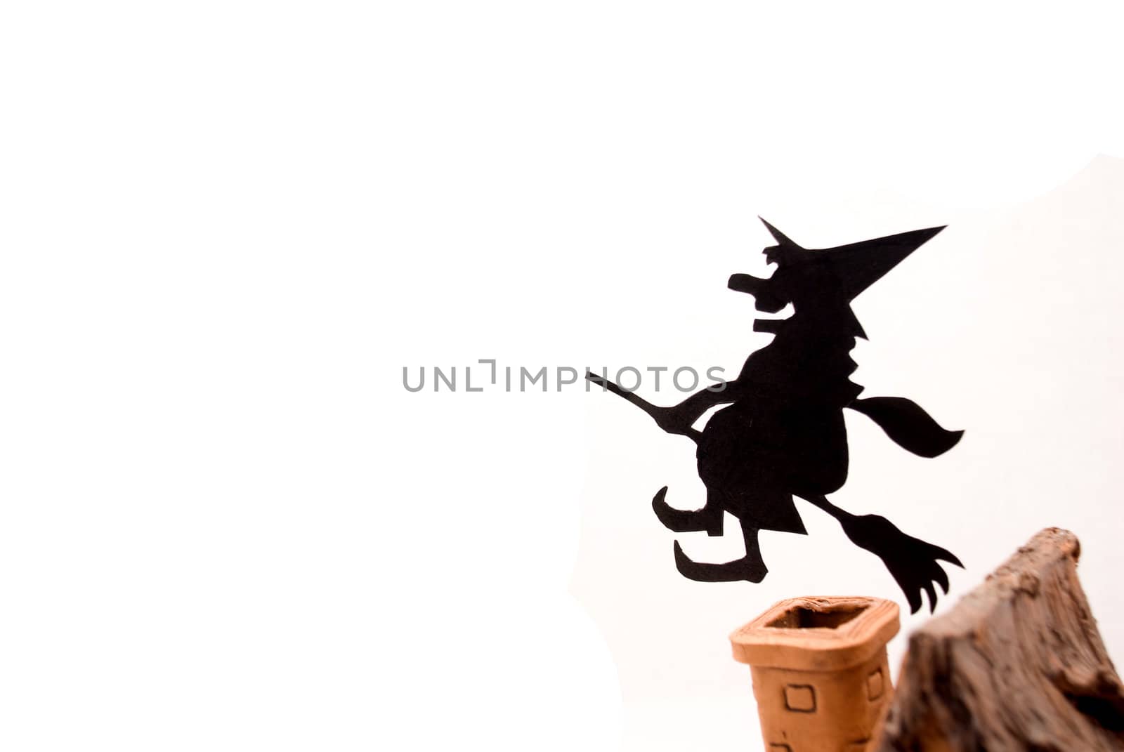 Witch,flying on broom on house,on white background
