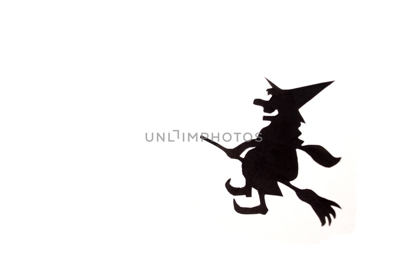 Witch,flying on broom on house,on white background
