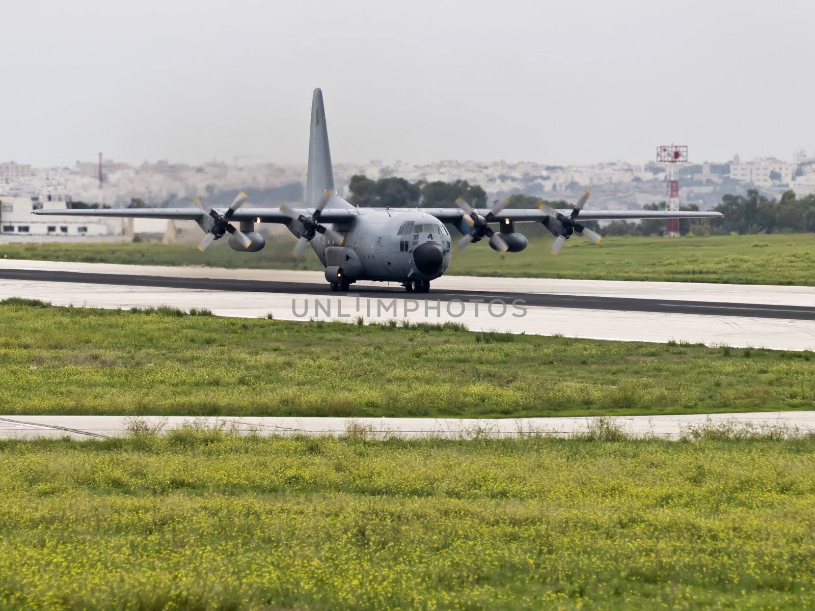 MALTA - OCTOBER 08 2008 - A Spanish Air Force Hercules C130 taking off from Luqa Airport in Malta