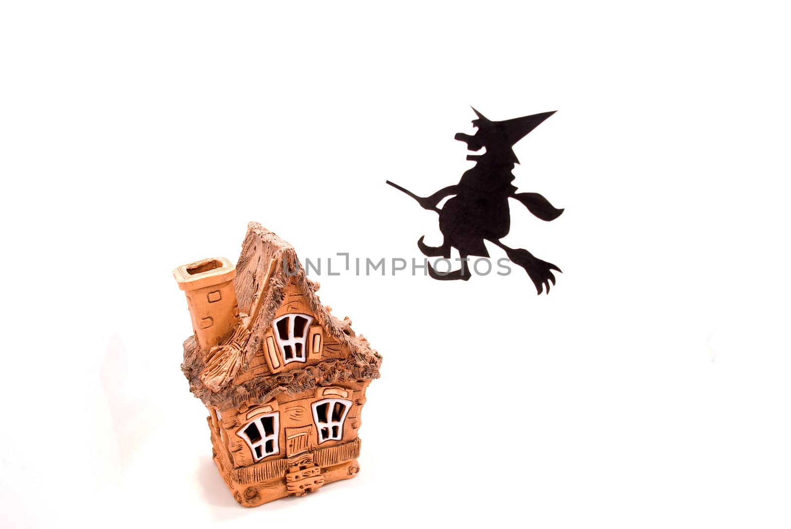 Witch,flying on broom on house,on white background
