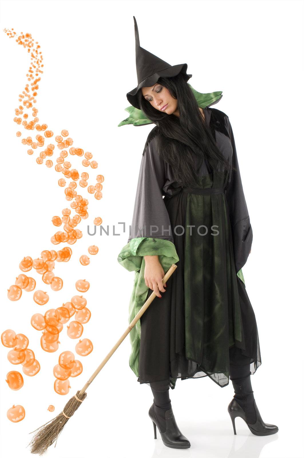 sad witch with long hat looking down her broom