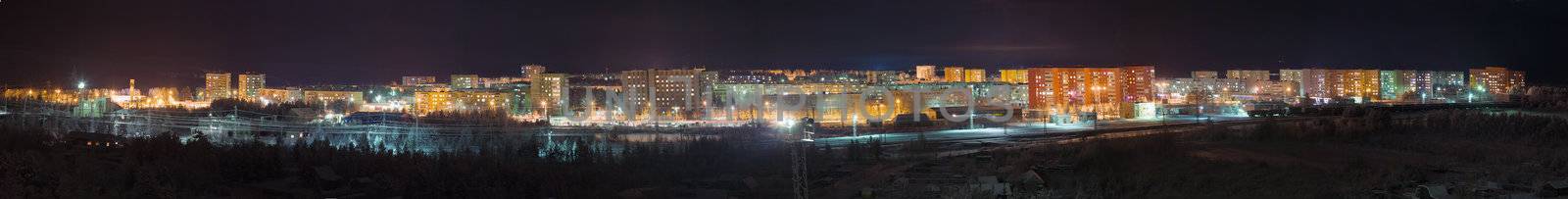Panorama - view the night city lights illuminated