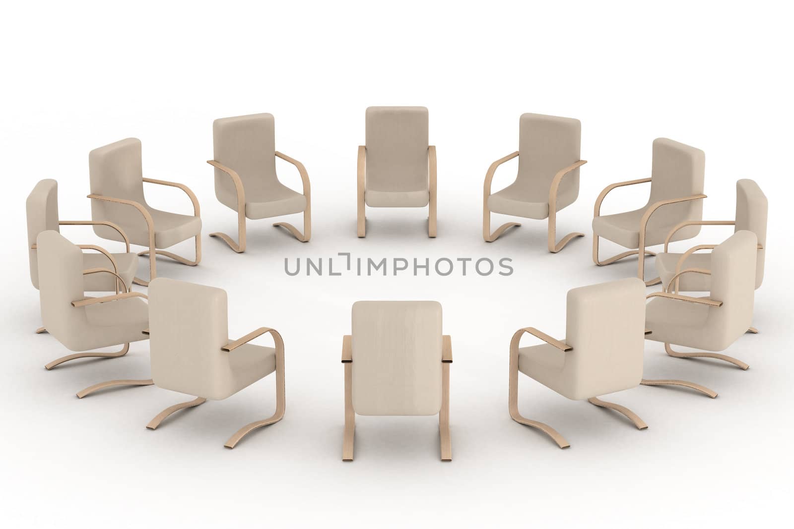 Twelve armchairs standing around. 3D image