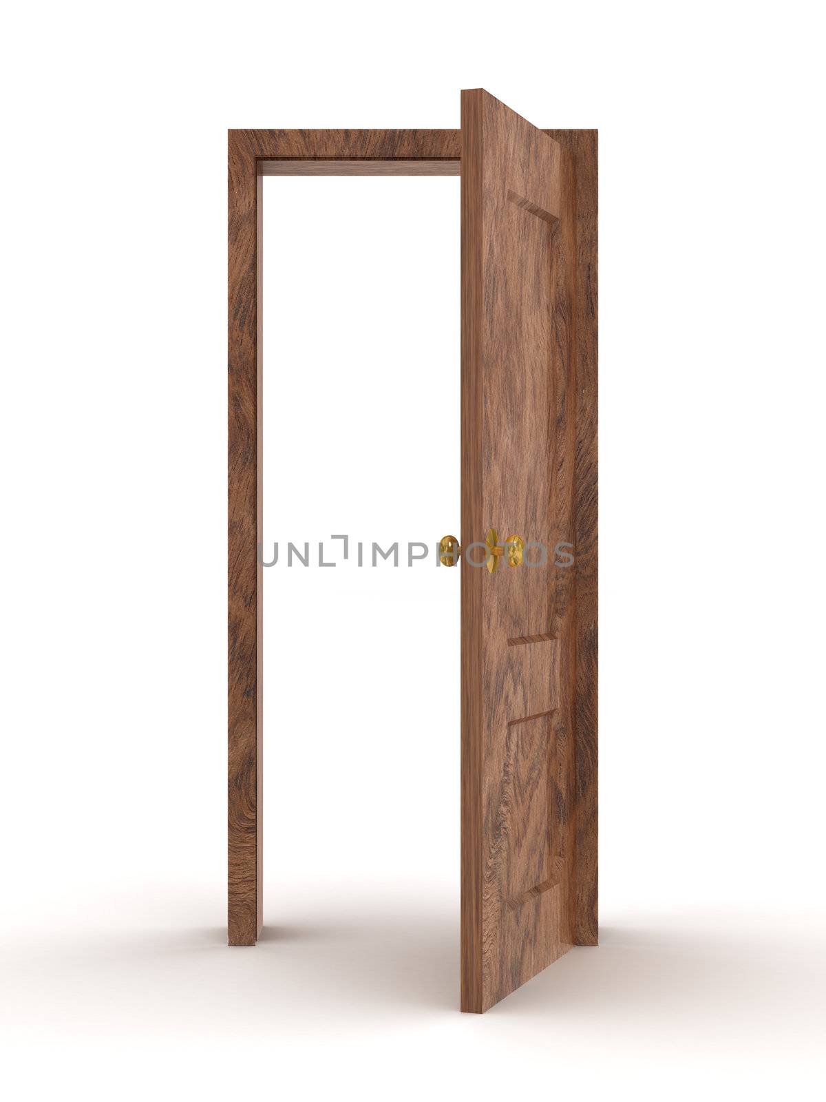 Open door on a white background. 3D image.