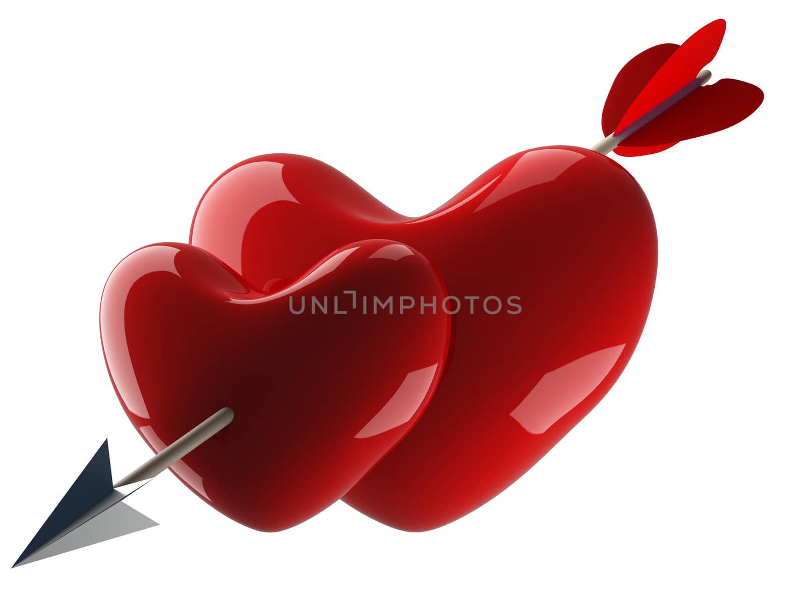 Two hearts pierced by an arrow. 3D image.