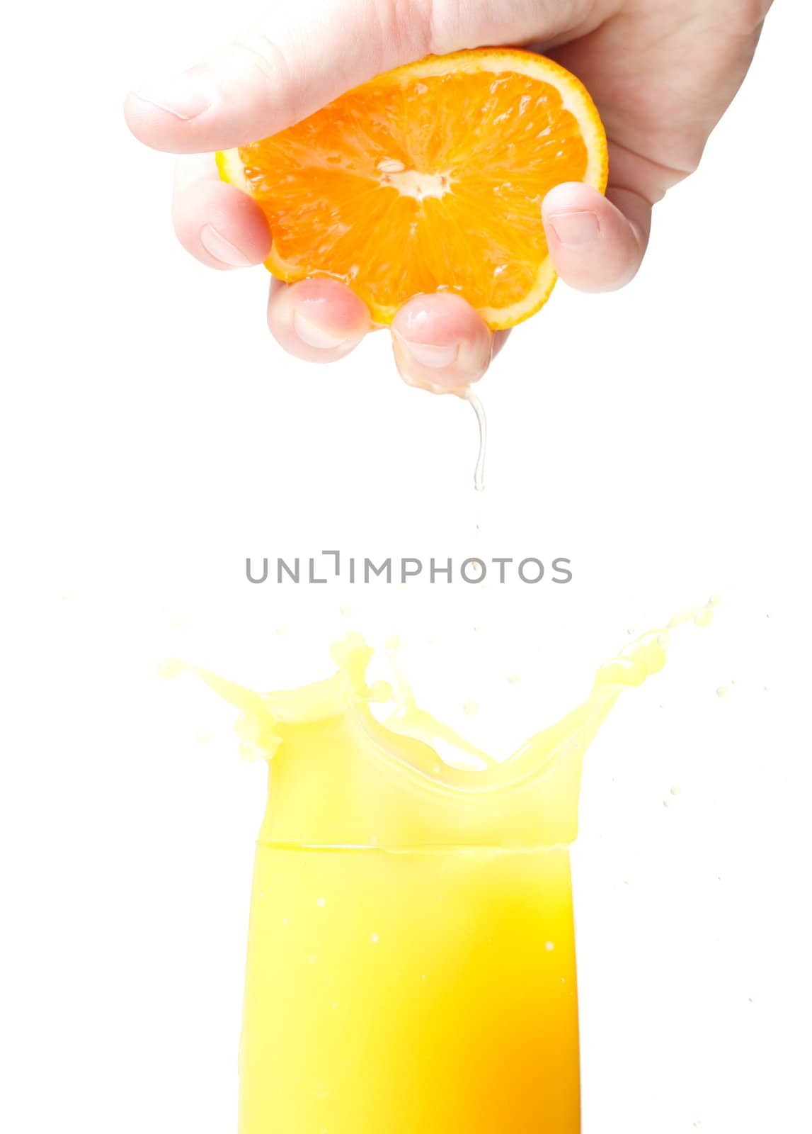 Delicious fresh orange juice on white