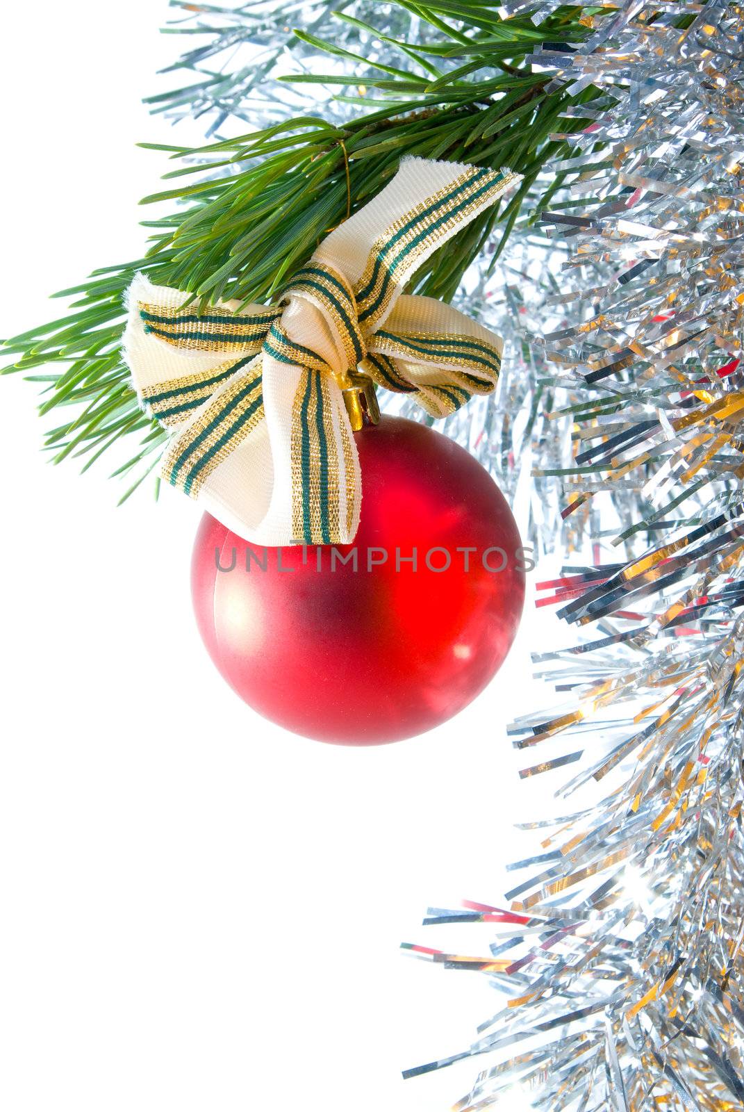 christmas background.Christmas decoration on the tree isolated on white