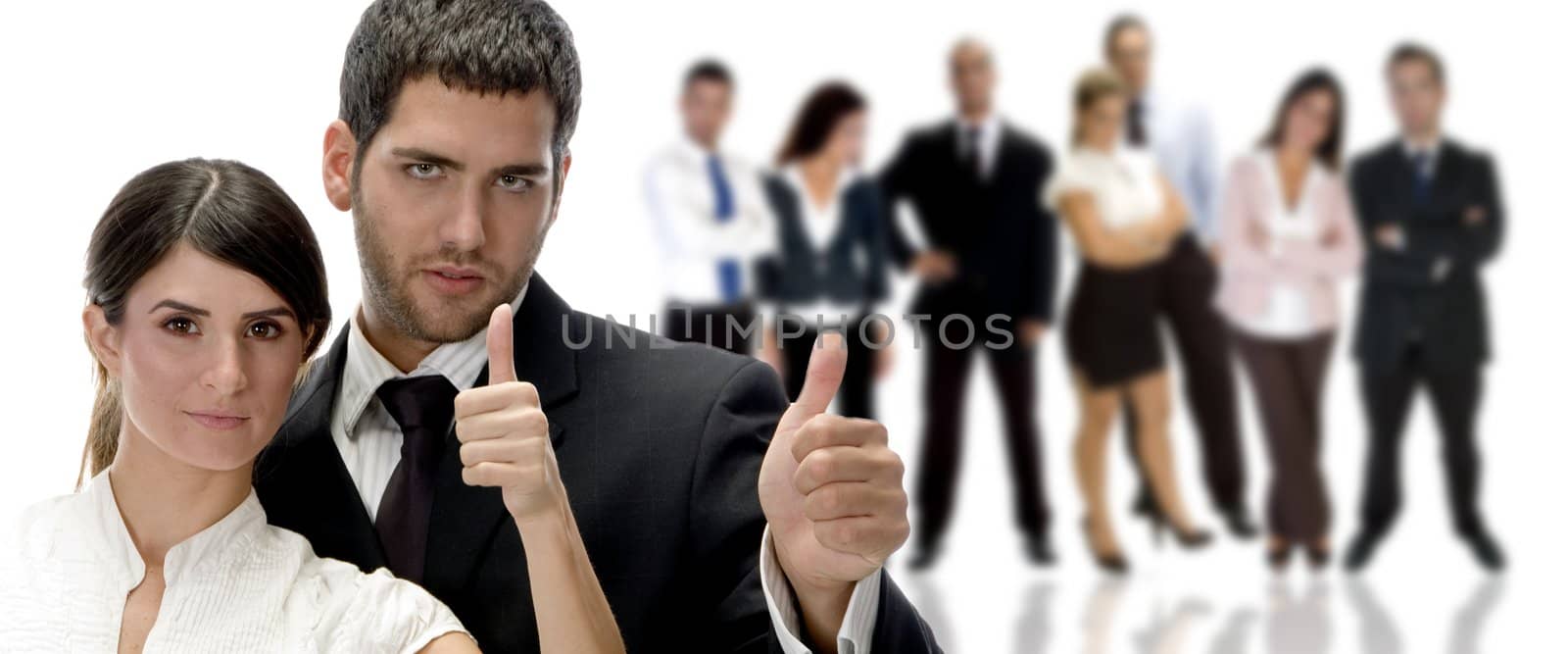 portrait of business couple with hand gesture