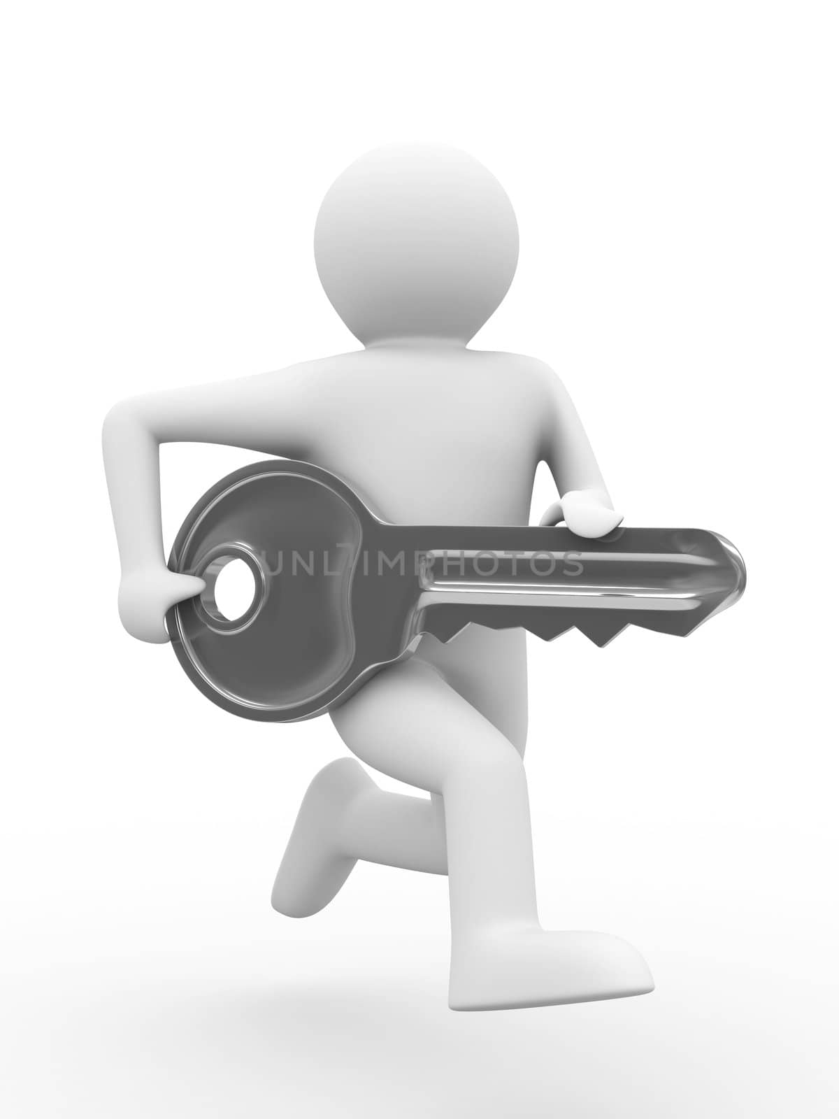 key and man on white background. 3D image