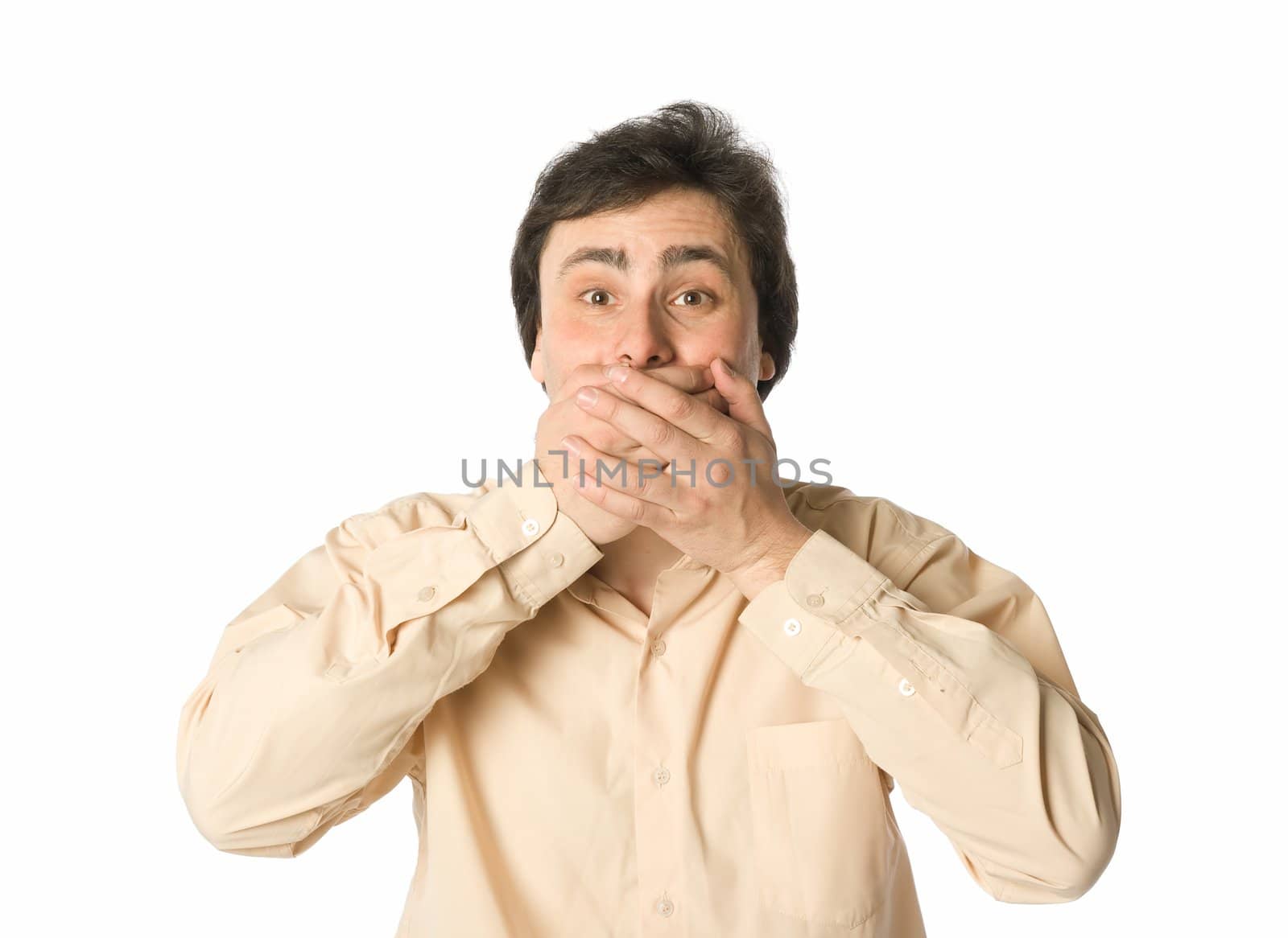 Man covering his mouth with hands, white background