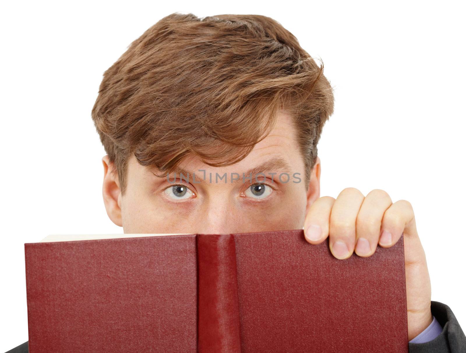 The person looks over the book, isolated on a white background