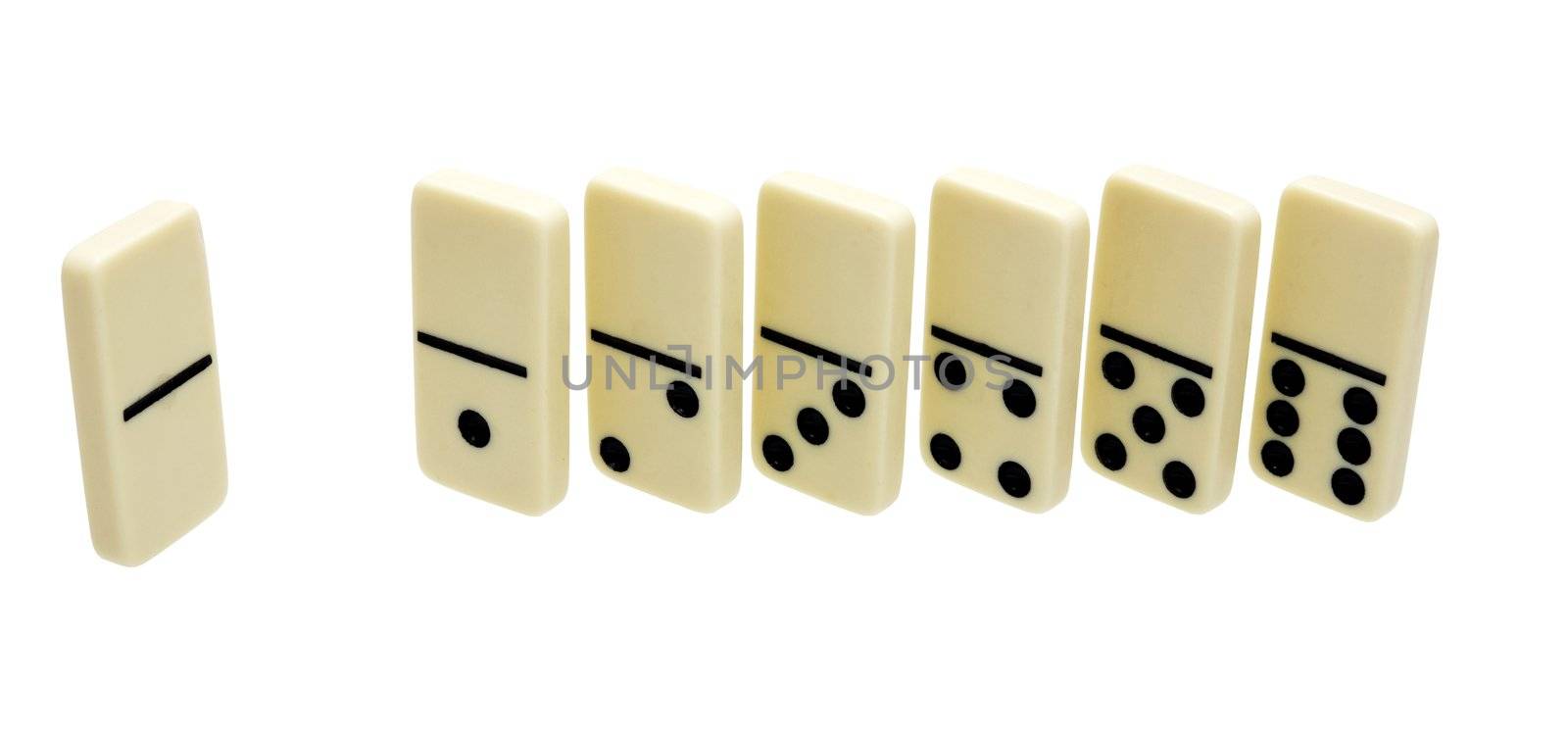 seven domino's standing dice on a white background