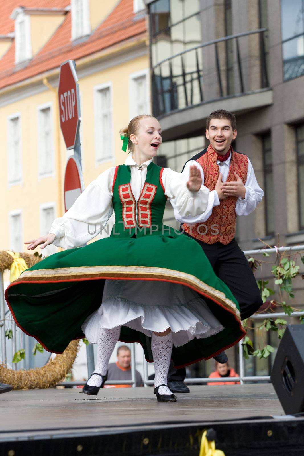 Traditional Latvian folk dancing, performed at the Riga city hall, Latvia, September 27, 2008