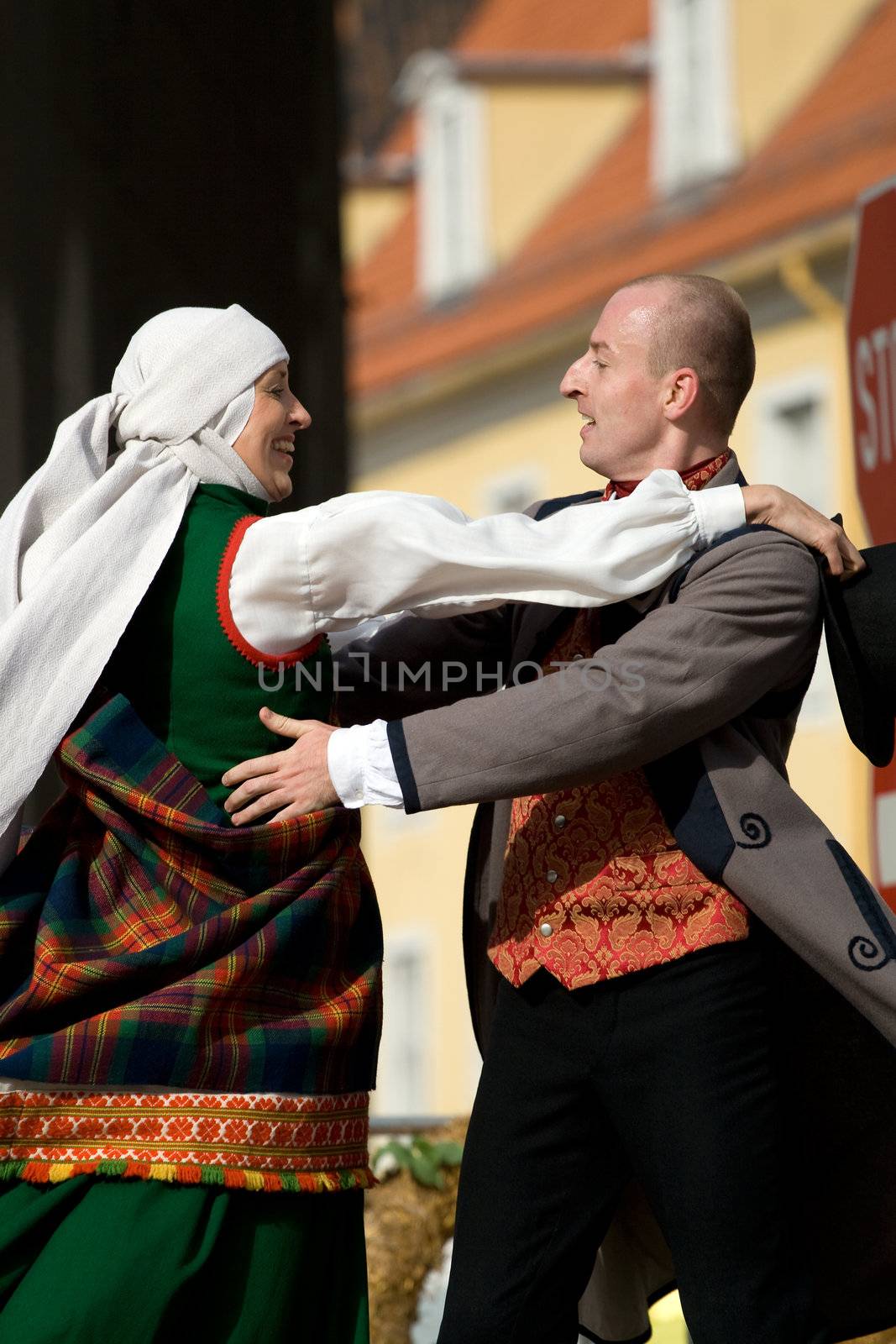 Traditional Latvian folk dancing, performed at the Riga city hall, Latvia, September 27, 2008