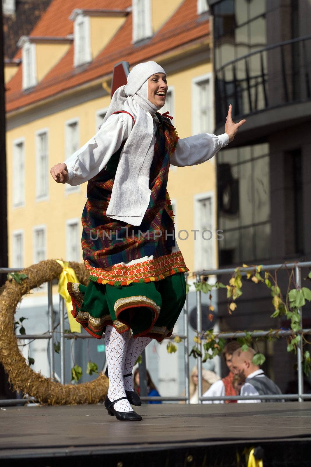 Traditional Latvian folk dancing, performed at the Riga city hall, Latvia, September 27, 2008