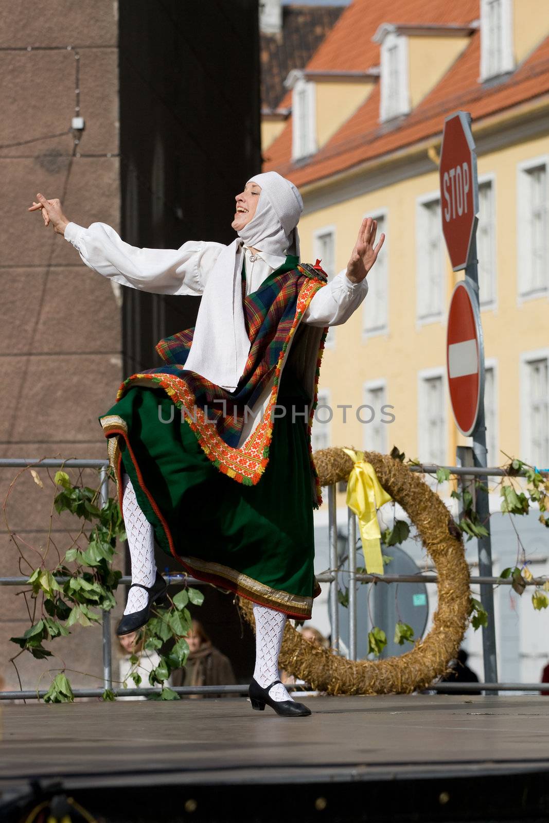 Traditional Latvian folk dancing, performed at the Riga city hall, Latvia, September 27, 2008