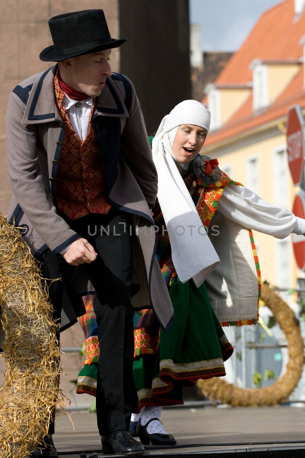 Traditional Latvian folk dancing, performed at the Riga city hall, Latvia, September 27, 2008