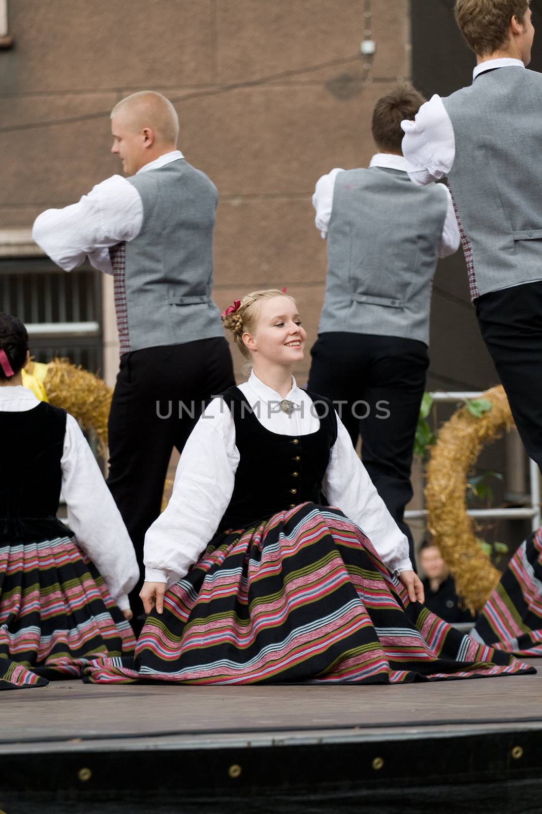 Traditional Latvian folk dancing, performed at the Riga city hall, Latvia, September 27, 2008