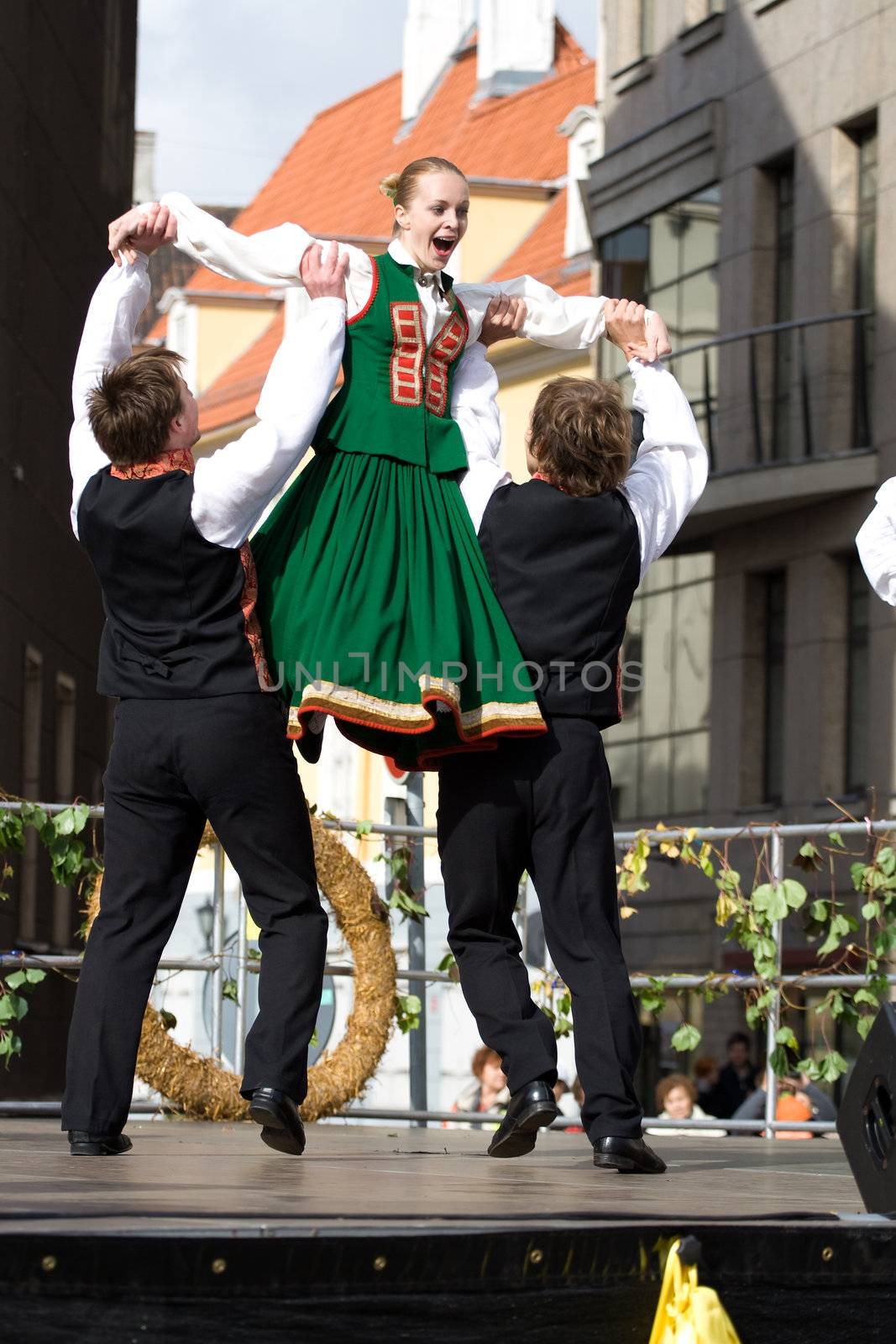 Traditional Latvian folk dancing, performed at the Riga city hall, Latvia, September 27, 2008