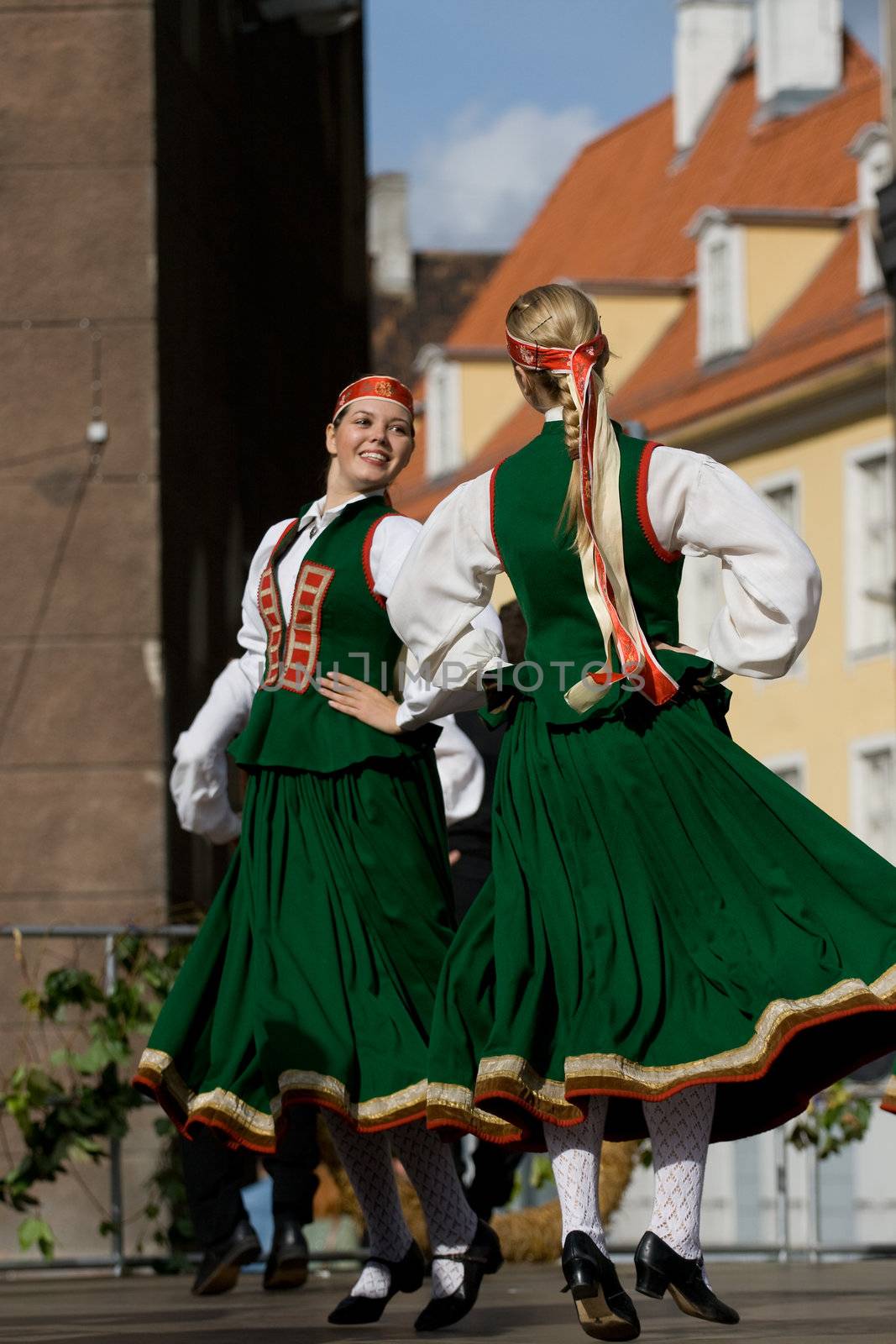 Traditional Latvian folk dancing, performed at the Riga city hall, Latvia, September 27, 2008