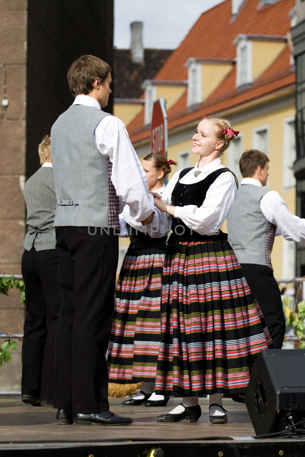 Traditional Latvian folk dancing, performed at the Riga city hall, Latvia, September 27, 2008