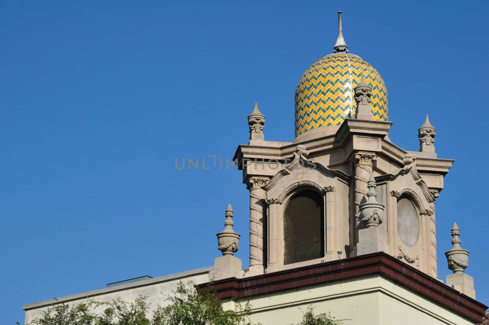 domed steeple of the Plaza Methodist Church on Olvera Street in Los Angeles