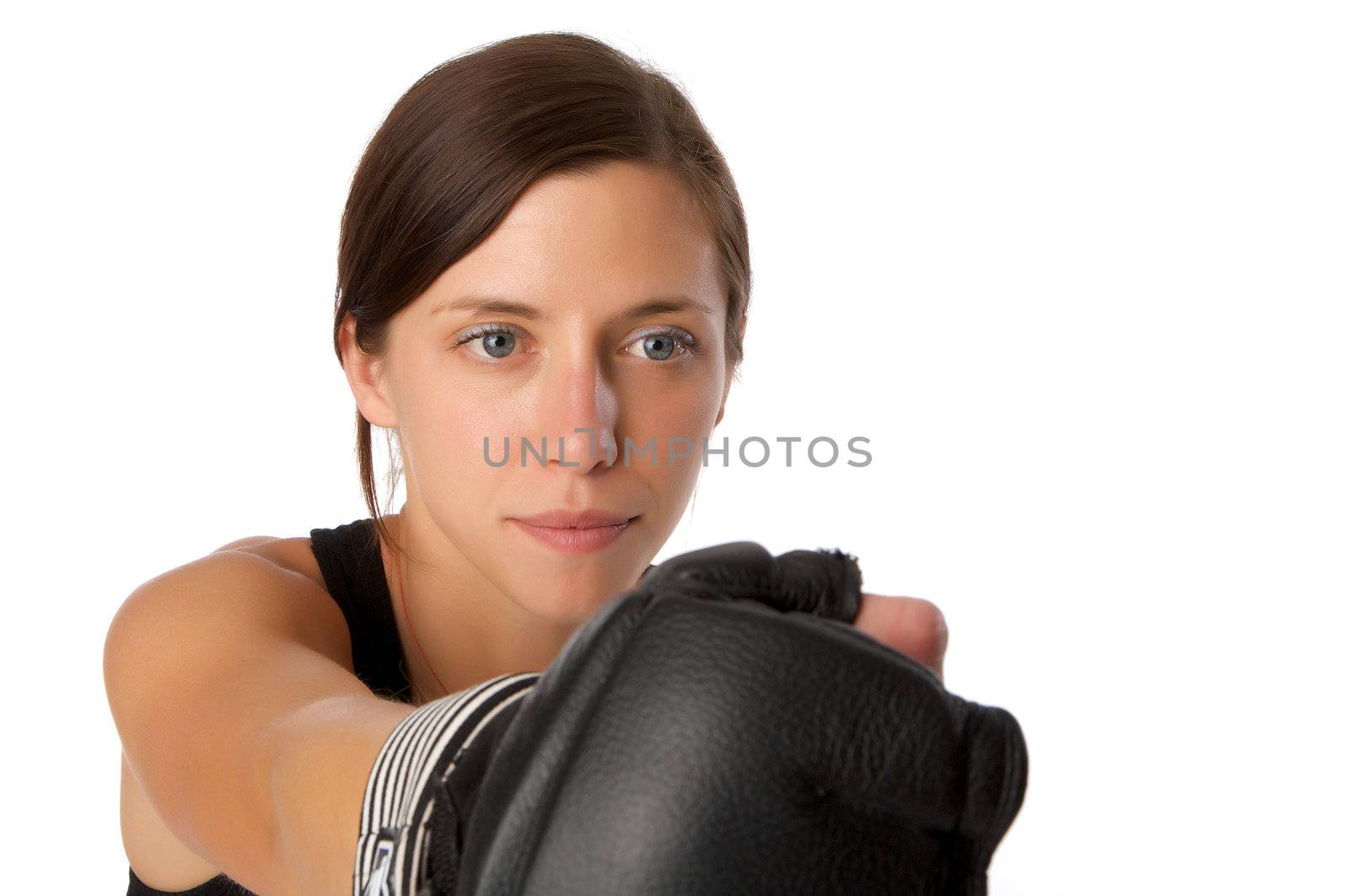 An image of a woman in gym clothes, with boxing gloves, strength and fitness