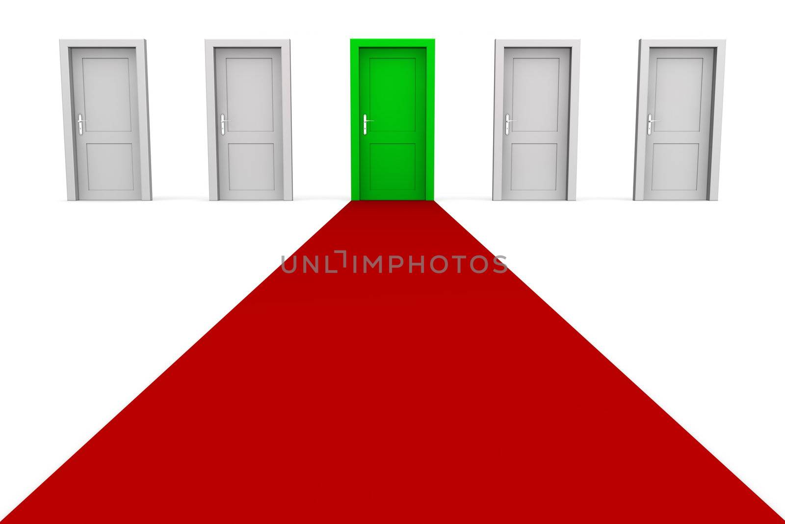 line of five doors, one green door in the middle - red carpet to the green door