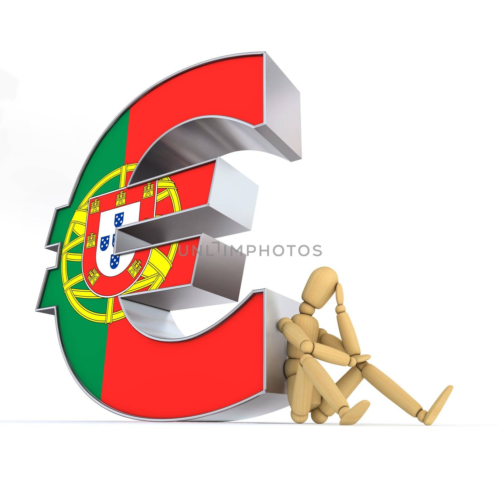 doll/lay figure sitting at/next to a metal Euro sign wondering - euro surface is textured with the portuguese flag