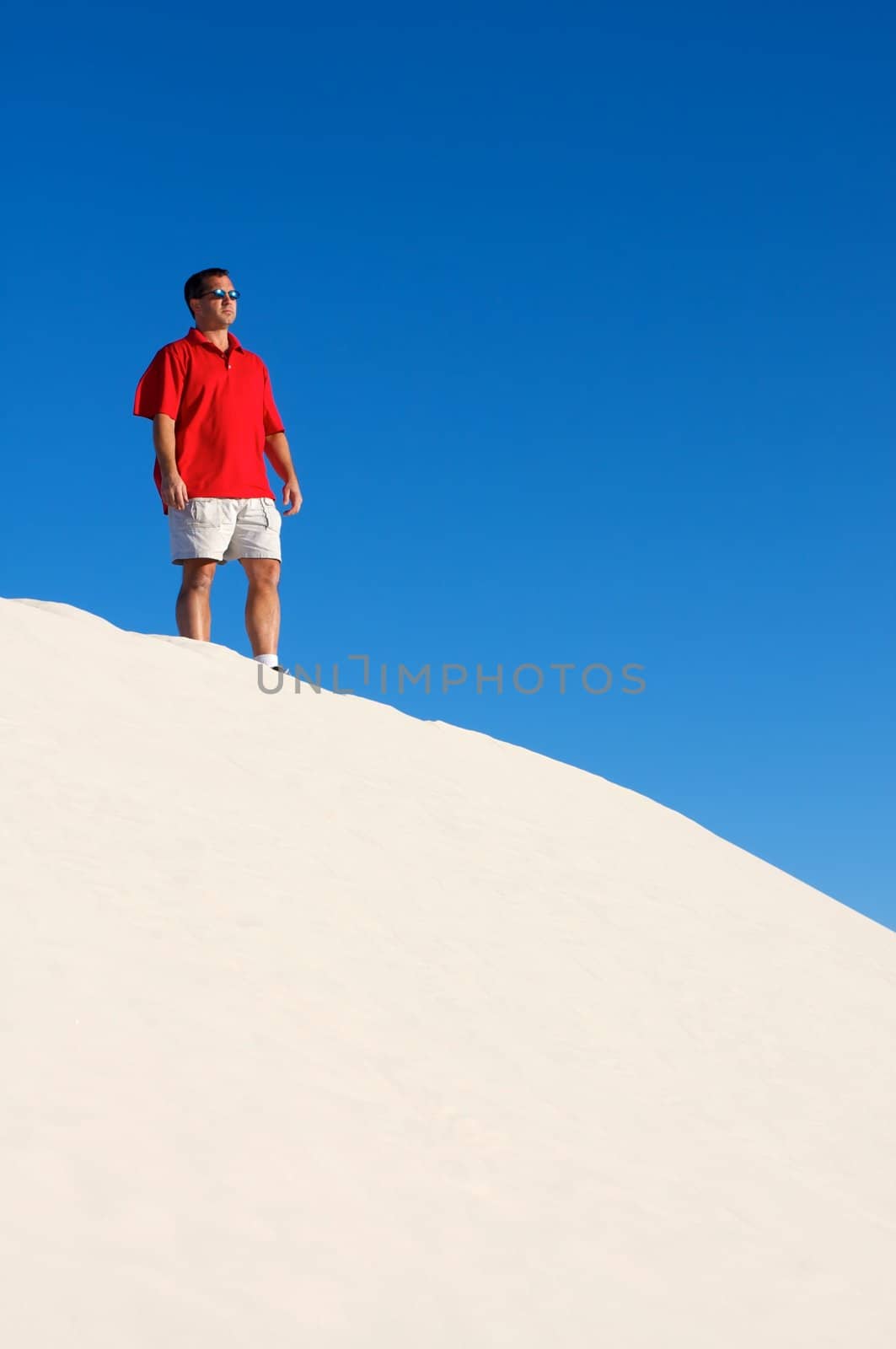 An image of a man atop a sand dune