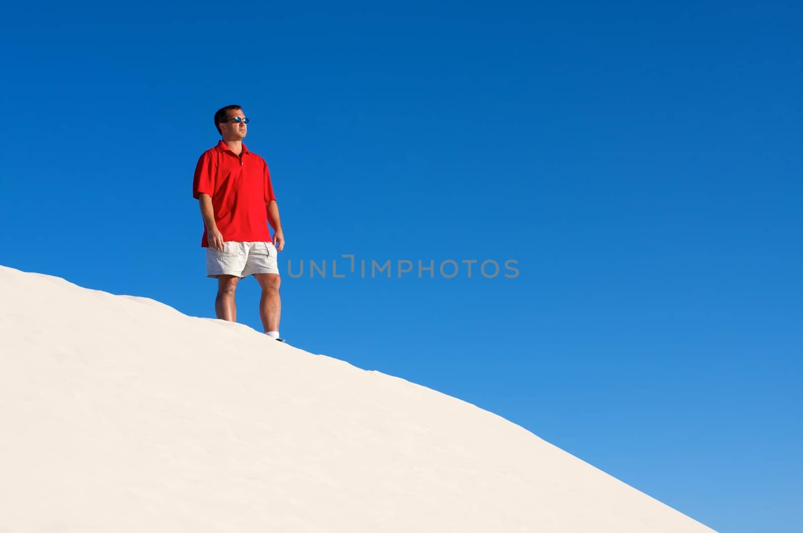 An image of a man atop a sand dune