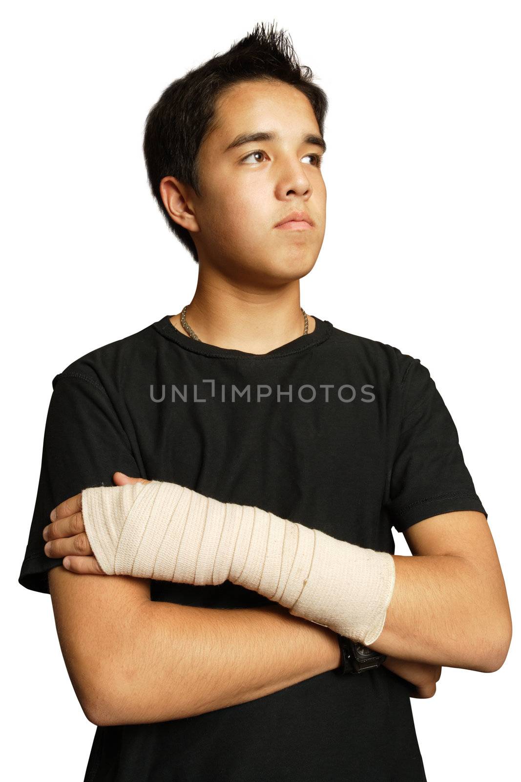 An injured Asian teenager with a medical bandage wrapped around his arm.
