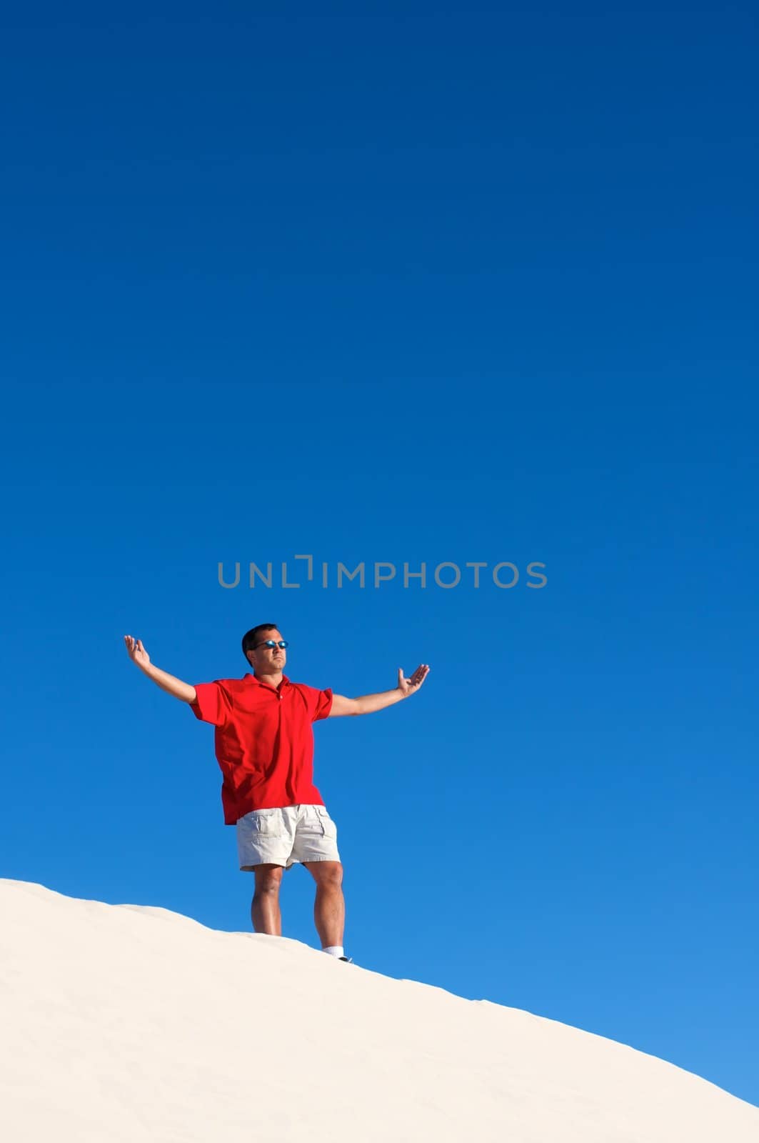 An image of a man atop a sand dune