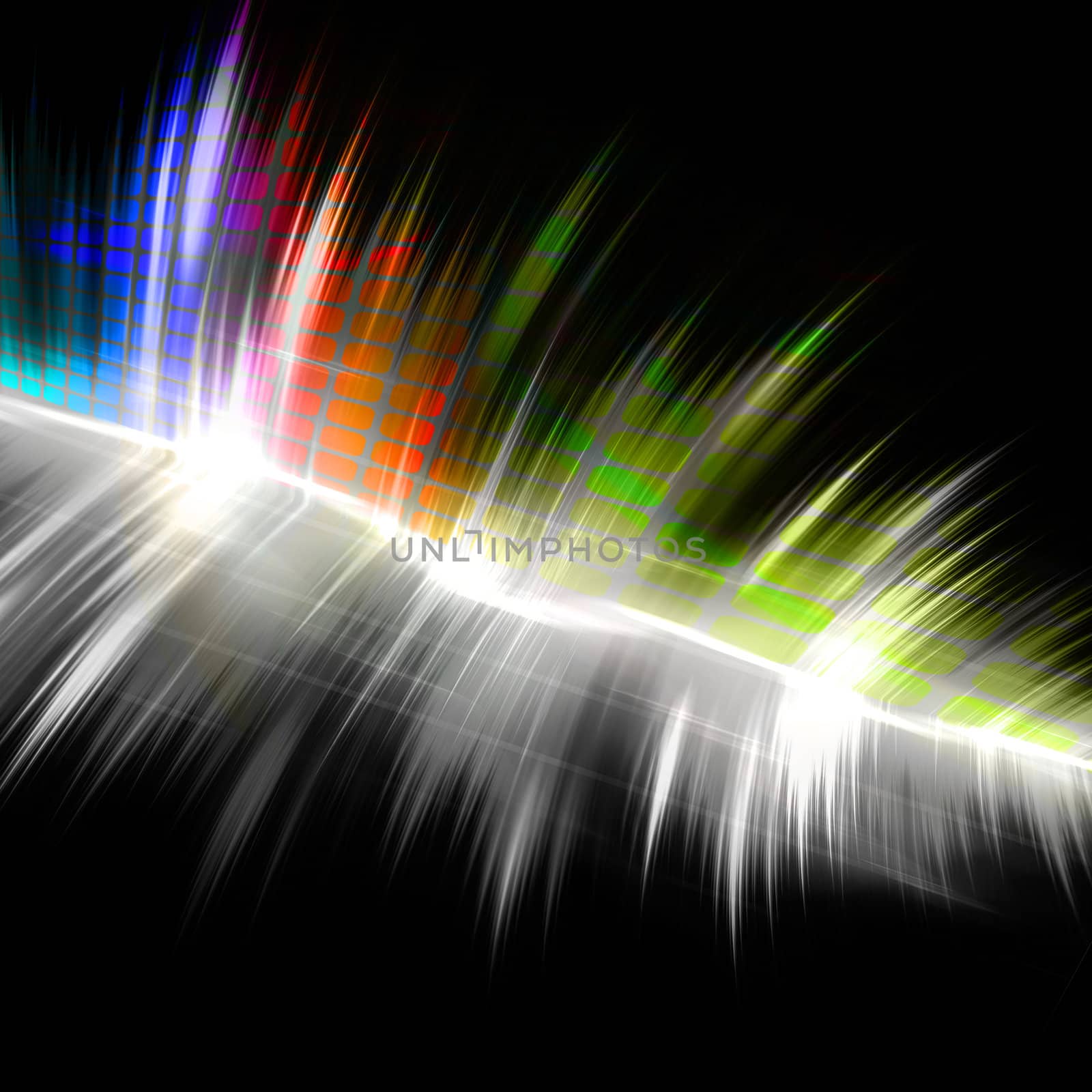 A rainbow colored graphic equalizer wave form with sample text in the copy space.
