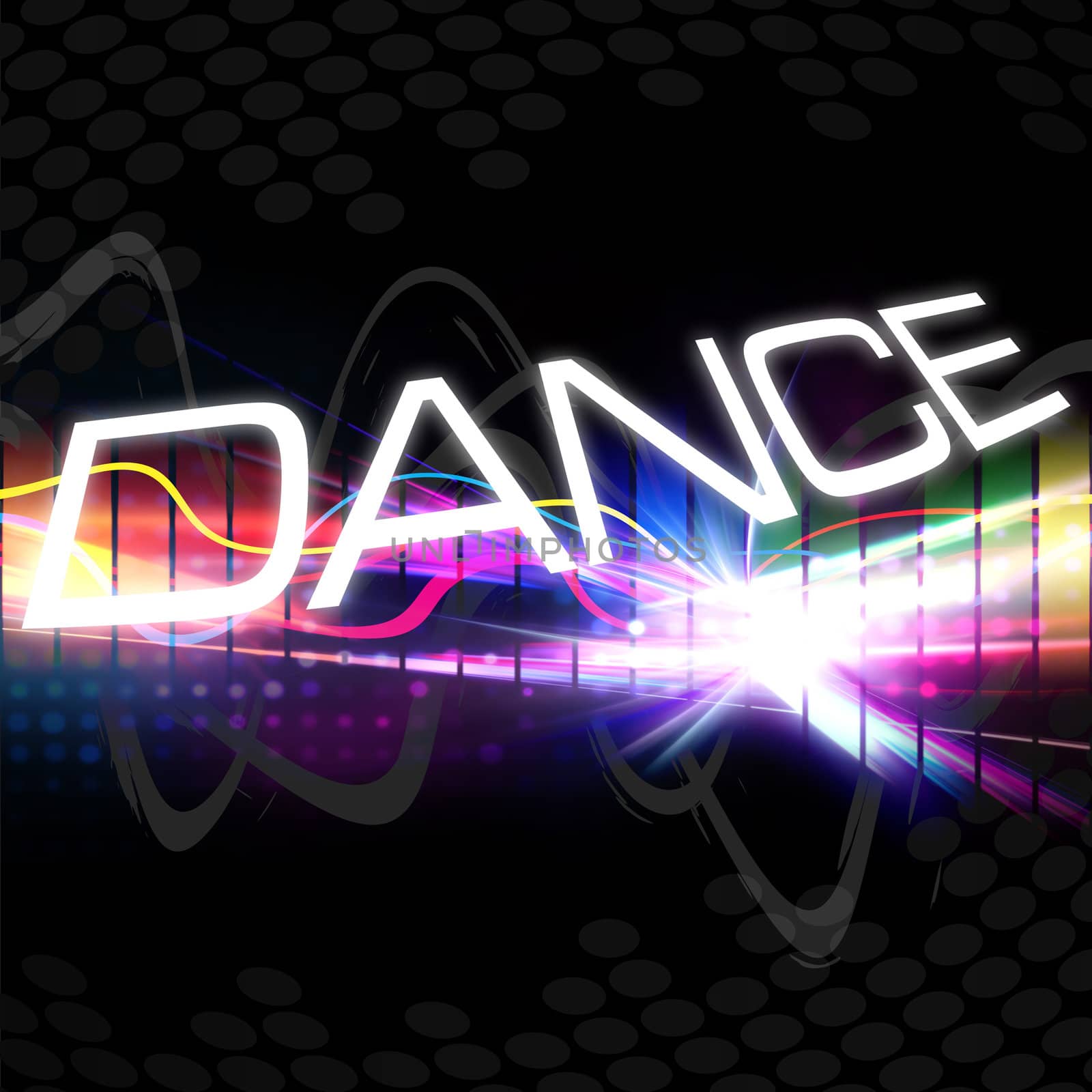 A rainbow colored graphic equalizer with the word DANCE and plenty of copyspace.