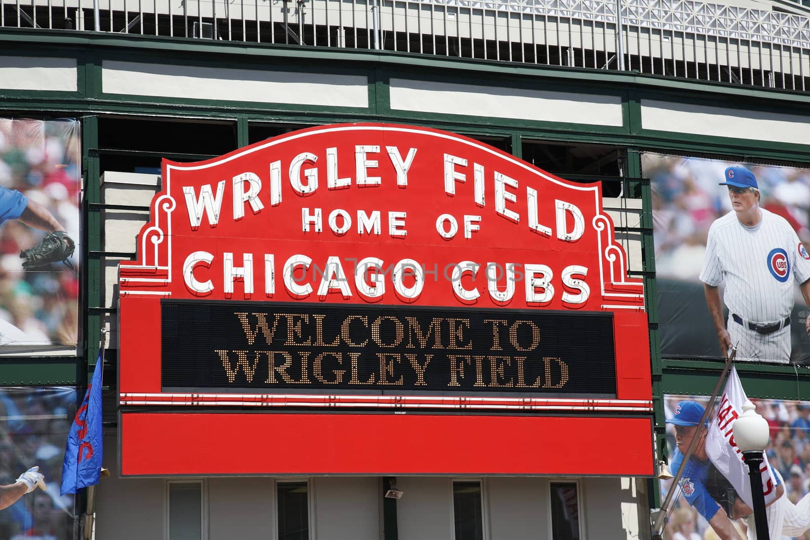 Historic ballpark and famous welcome sign of the Chicago Cubs