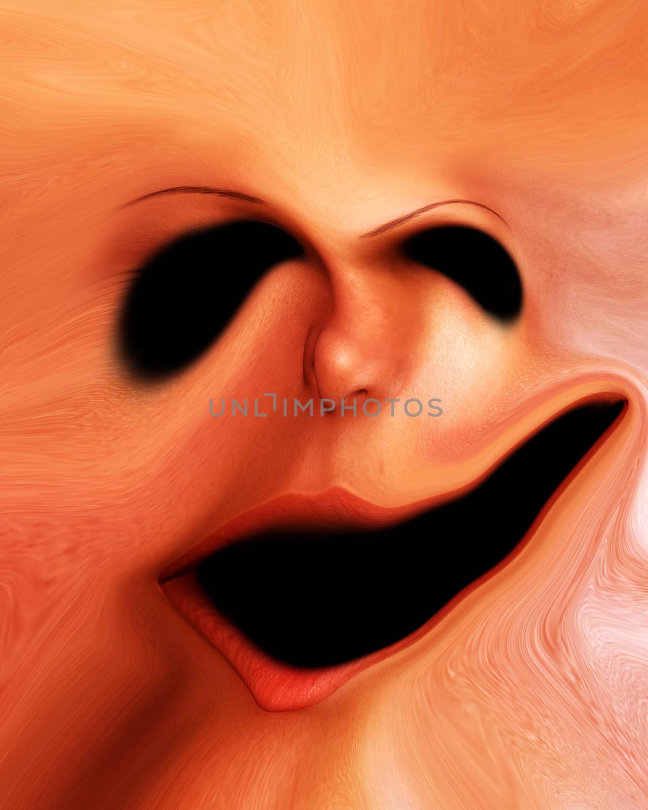 A highly distorted human face that would be suitable for Halloween concepts.