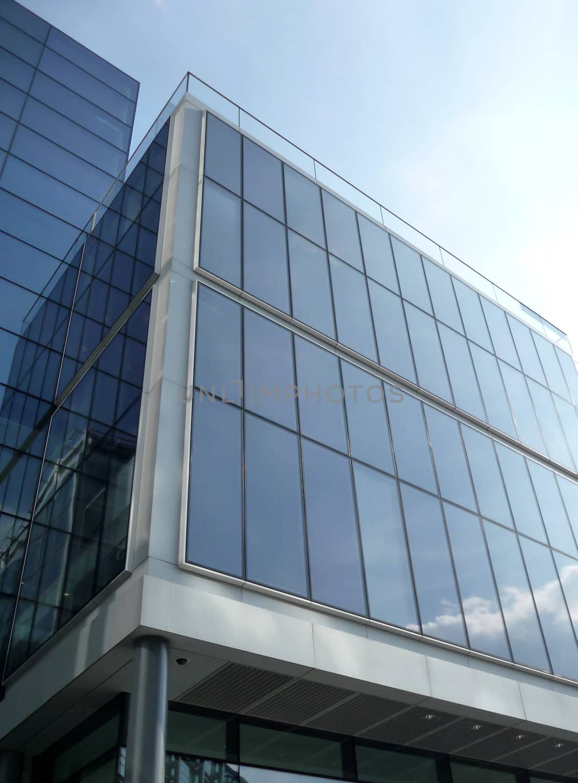 A view of a modern glass building in central London.