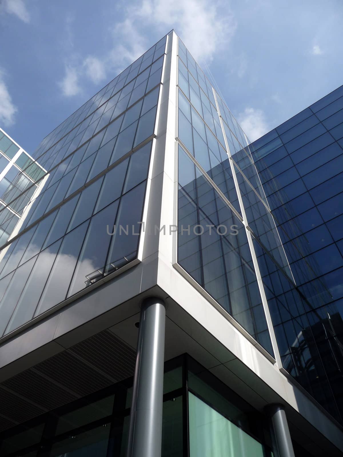 A view of a modern glass building in central London.